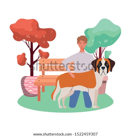 young man with cute dog mascot in the park vector illustration design