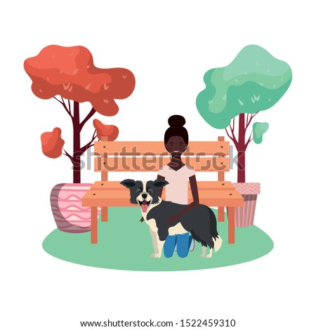 young afro woman with cute dog in the park scene vector illustration design