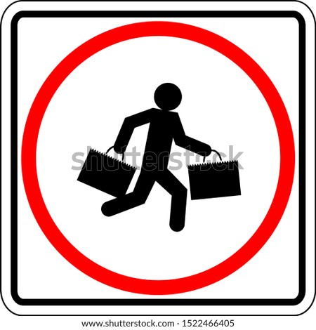 white vector sign with a symbol depicting a person carrying two shopping bags inside a red circle