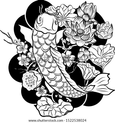 koi fish carp with lotus flower vector for tattoo and background.