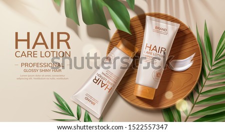 Flat lay hair care lotion ads with tropical leaves in 3d illustration Royalty-Free Stock Photo #1522557347