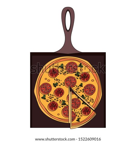 pepperoni pizza served on a wooden table over white background, vector illustration