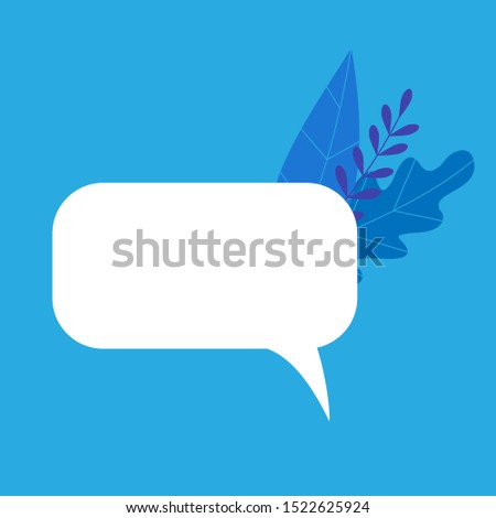Blue eco bubble chat with foliage on the side. An empty circle minimal talk with organic product elements such as leaves. Copy space. Vector flat illustration isolated on blue background. 