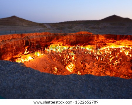 Darvaza gas crater, Turkmenistan. Also known as the door to hell, ie was created by workers who set it on fire in 1971 hoping it would burn out the methane gas but has been burning ever since.