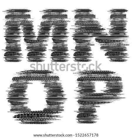 Black grunge letters with tire tracks isolated on white background