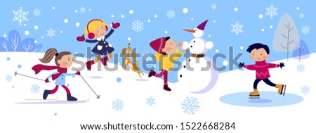 Vector illustration, kids playing in winter: make a snowman, ski and ice skate , card concept.
