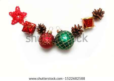 Christmas composition. Christmas balls, pine, gift and decorations on white background. Flat lay, top view, copy space