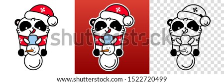 Panda kawaii santa set. Cute vector happy bear in christmas snowman hat. Linear style illustration on a white background. Sticker, print for coloring.