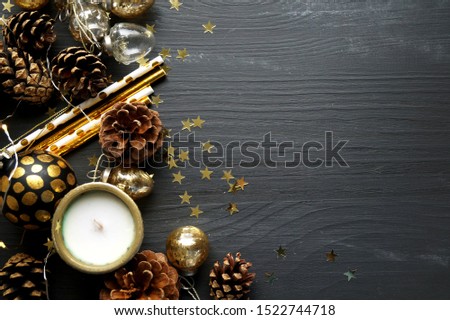 Golden Christmas ornaments and decorations                   