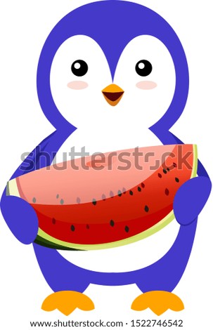 Penguin with watermelon, illustration, vector on white background.