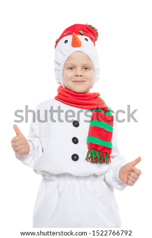 Little happy boy in a snowman costume posing in studio on an isolated white background