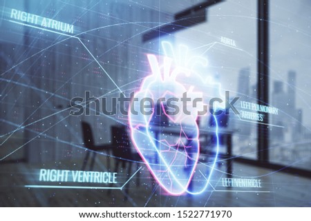 Heart hologram with minimalistic cabinet interior background. Double exposure. Medical education concept.