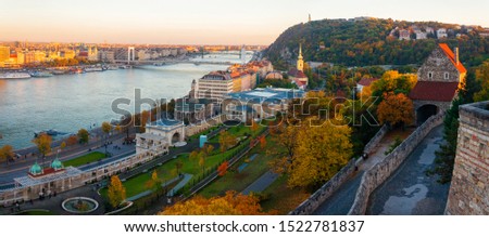 Scenic aerial view of Castle Garden, Varkert Bazar, Gellert Hill, Elisabeth Bridge and the Danube River from Buda Castle, Budapest, Hungary. Royalty-Free Stock Photo #1522781837