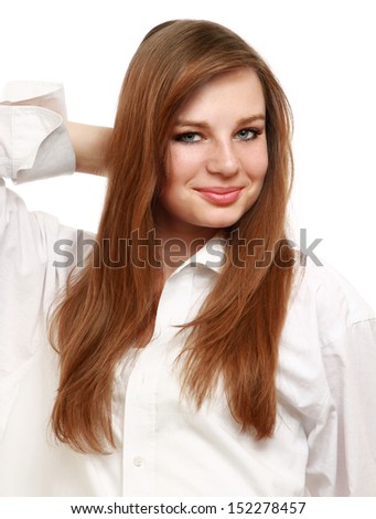 Closeup portrait of a young girl , isolated on white background