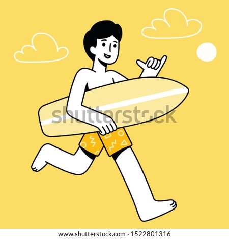 Cartoon surfer dude running with surfboard making "hang loose" shaka hand gesture. Simple modern surfing character illustration.