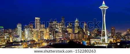 Seattle skyline panorama at twilight, WA, USA