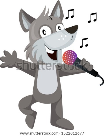 Wolf with microphone, illustration, vector on white background.
