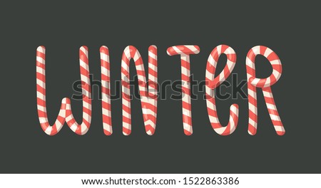 Cartoon vector illustration Christmas Candy Cane. Hand drawn font. Actual Creative Holidays sweet alphabet and word WINTER