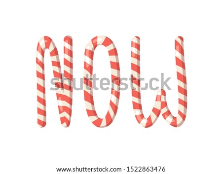 Cartoon vector illustration Christmas Candy Cane. Hand drawn font. Actual Creative Holidays sweet alphabet and word NOW