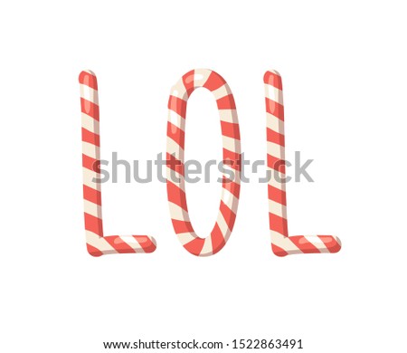 Cartoon vector illustration Christmas Candy Cane. Hand drawn font. Actual Creative Holidays sweet alphabet and word LOL