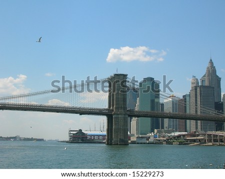 Brooklyn Bridge and Lower Manhattan skyline.