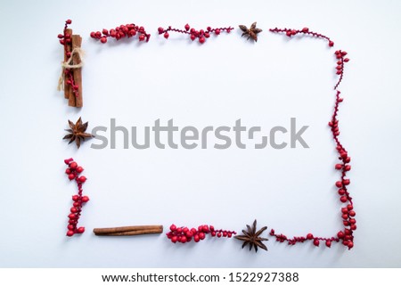 Minimalist Christmas frame made with red mistletoe, cinnamon and anise.