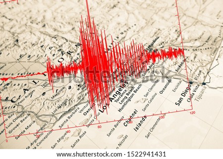 Red seismic wave over Los Angeles map Royalty-Free Stock Photo #1522941431