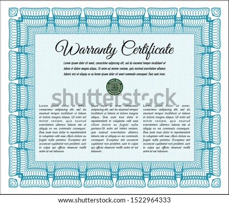 Light blue Warranty template. Artistry design. With complex linear background. Vector illustration. 