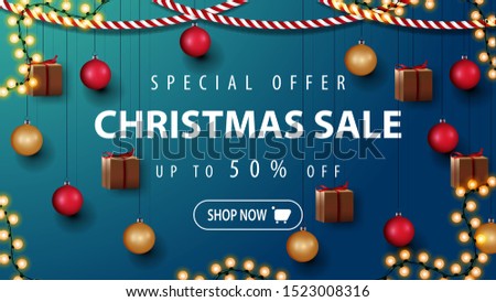 Special offer, Christmas sale, up to 50% off, beautiful discount banner with Christmas decor. Template with wall with Christmas decor