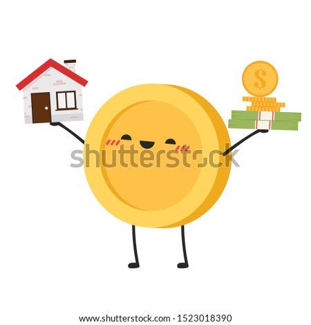 Coin character. wallpaper. free space for text. coin vector. house vector.