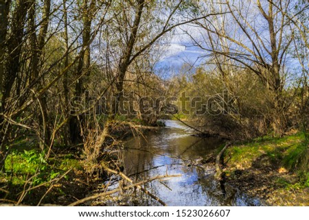 Little River. Guadarrama River as it passes through the town of Las Rozas in Madrid, Spain. Beautiful picture of an autumnal landscape, water, plants and grove.