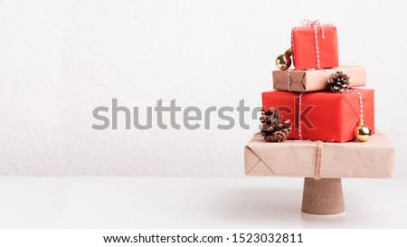 New Year card. Creative Christmas tree of presents on white background, panorama, copy space
