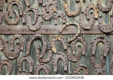 Wooden door with horseshoes on it.