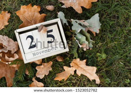 Decorative wooden calendar with date of Thanksgiving holiday, autumn decorations, soft focus background