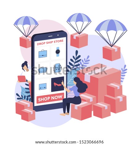Young women order product from the dropship store. Drop shipper order to the supplier to deliver the product to her client. Drop shipping presentation concept vector illustration. Royalty-Free Stock Photo #1523066696