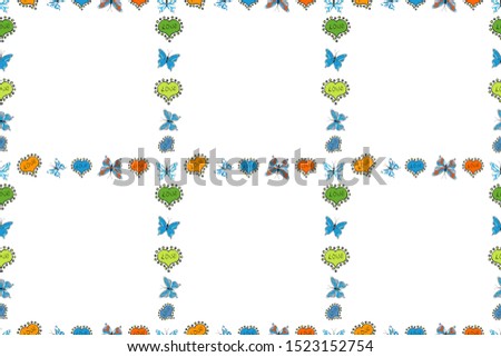Quadrate frames doodles. Illustration in green, blue and white colors. Raster illustration. Seamless pattern.