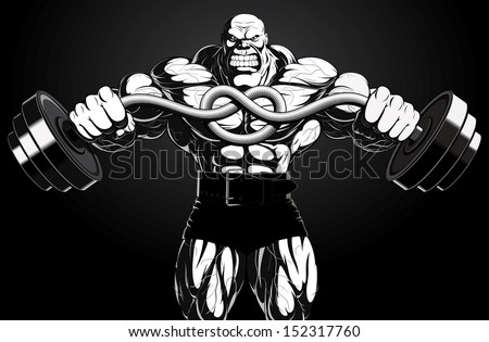 Illustration: a ferocious bodybuilder with a barbell