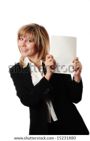 Cheerful standing woman in black and white office clothing holding white brochure. Room for text, or your own message. Brochure copyspace with embedded photoshop path.