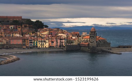 Evening view to bell tower of Collioure, a French fishing village near the Spanish border