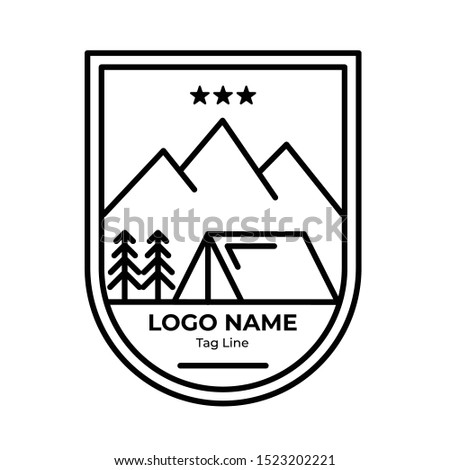 Logo Badges Mountain With Line Style. Mountain hike, mountain explore, summer camp, explore more. Modern logo and badges with mountains, peaks, trees, sun, water, the moon. Suitable for Explore Badges