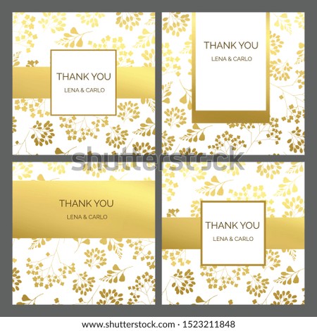 Floral THANK YOU cards set template, universal, classic design gold and white