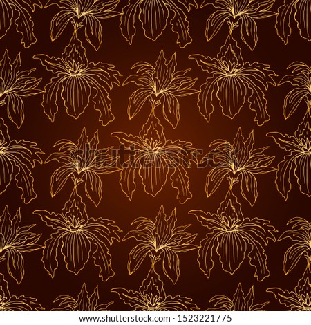Seamless background with golden stylized flower  on a dark background. Endless texture for design. Decorative seamless pattern  for greeting cards, decorating interiors, cosmetics and textile.