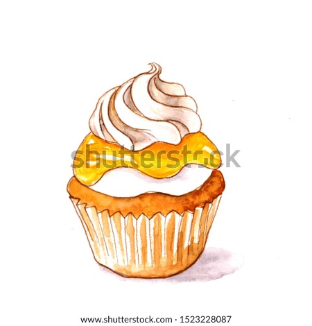 Lemon cupcake with frosting watercolor illustration