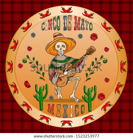 vector illustration round sticker on the theme of the Mexican holiday Cinco de mayo skeleton in sombrero plays guitar among flowers of roses 