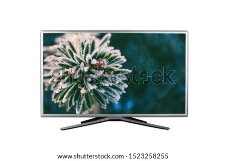 4K monitor or TV with a macro image of a Christmas tree branch covered with frost isolated on white background