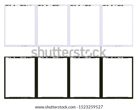 Film strip template, empty developed black and white 120 type (60mm) with 6x4.5 frames in negative and positive isolated on white background with work path.