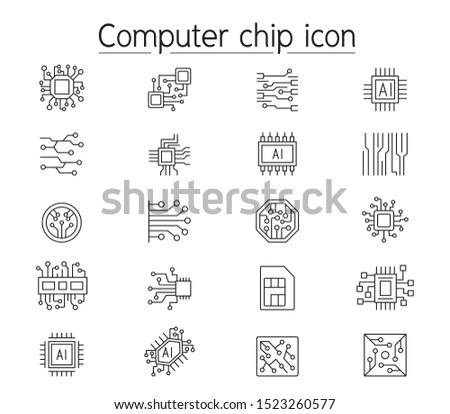 Computer chip icon set in thin line style