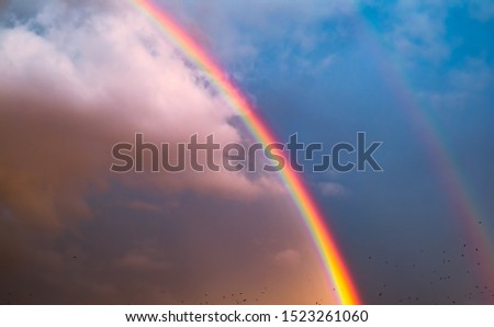 double rainbow in the sky with clouds and birds
