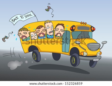 Sad kids, crying, going back to school on a bus. Cartoon. Illustration vector.
