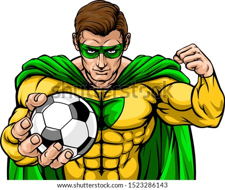 Superhero holding a soccer football ball sports mascot